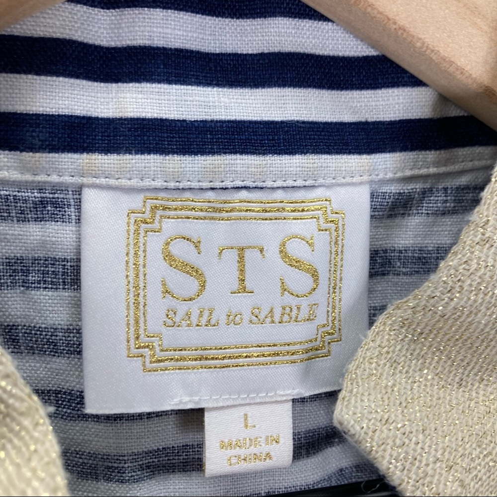 Sail to Sable Navy and White Striped Sleeveless Mini Dress with Gold Trim - Picture 6 of 7